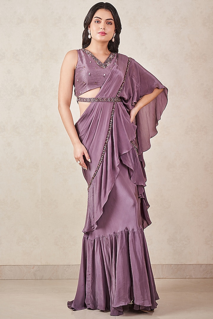 Ash Grey Crepe Silk Hand Embellished Pre-Draped Ruffle Saree Set by Sammohi By Moksha & Hiral at Pernia's Pop Up Shop