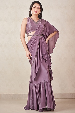 Ash Grey Crepe Silk Hand Embellished Pre-Draped Ruffle Saree Set by Sammohi By Moksha & Hiral