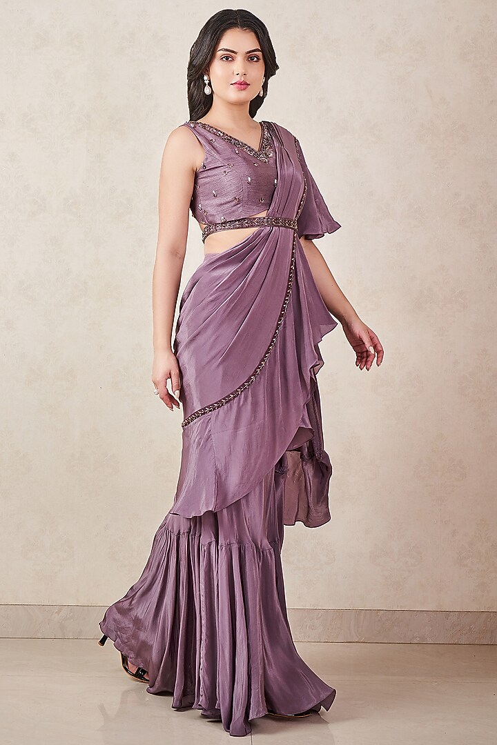 Ash Grey Crepe Silk Hand Embellished Pre-Draped Ruffle Party Wear Saree Set by Sammohi By Moksha & Hiral at Pernia's Pop Up Shop