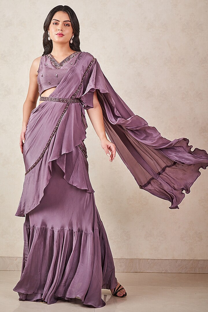 Ash Grey Crepe Silk Hand Embellished Pre-Draped Ruffle Party Wear Saree Set by Sammohi By Moksha & Hiral at Pernia's Pop Up Shop