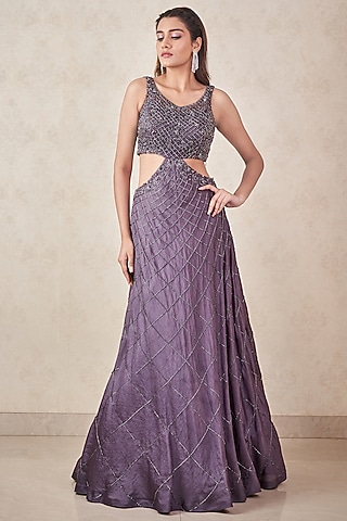 Ash Grey Silk Organza Hand Embellished Cowl Gown by Sammohi By Moksha & Hiral