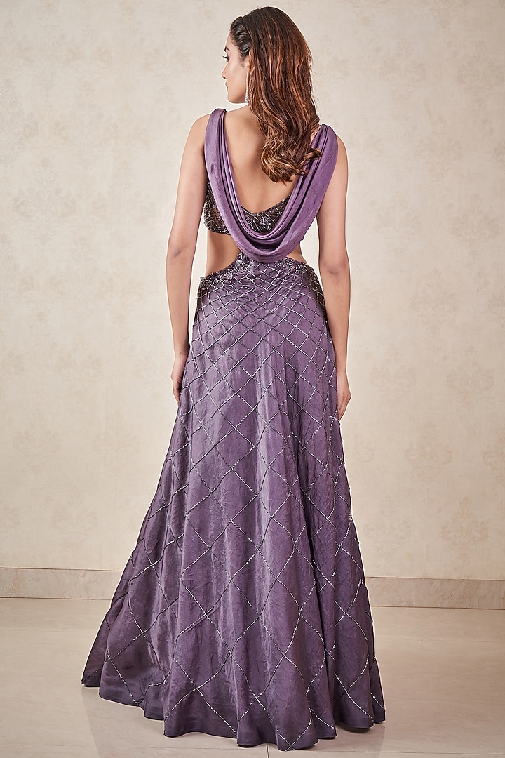fitted lace wedding dress Buy Lolita Lace Low Back Silk Gown in Imperial Purple/Ash Black Online main image 1