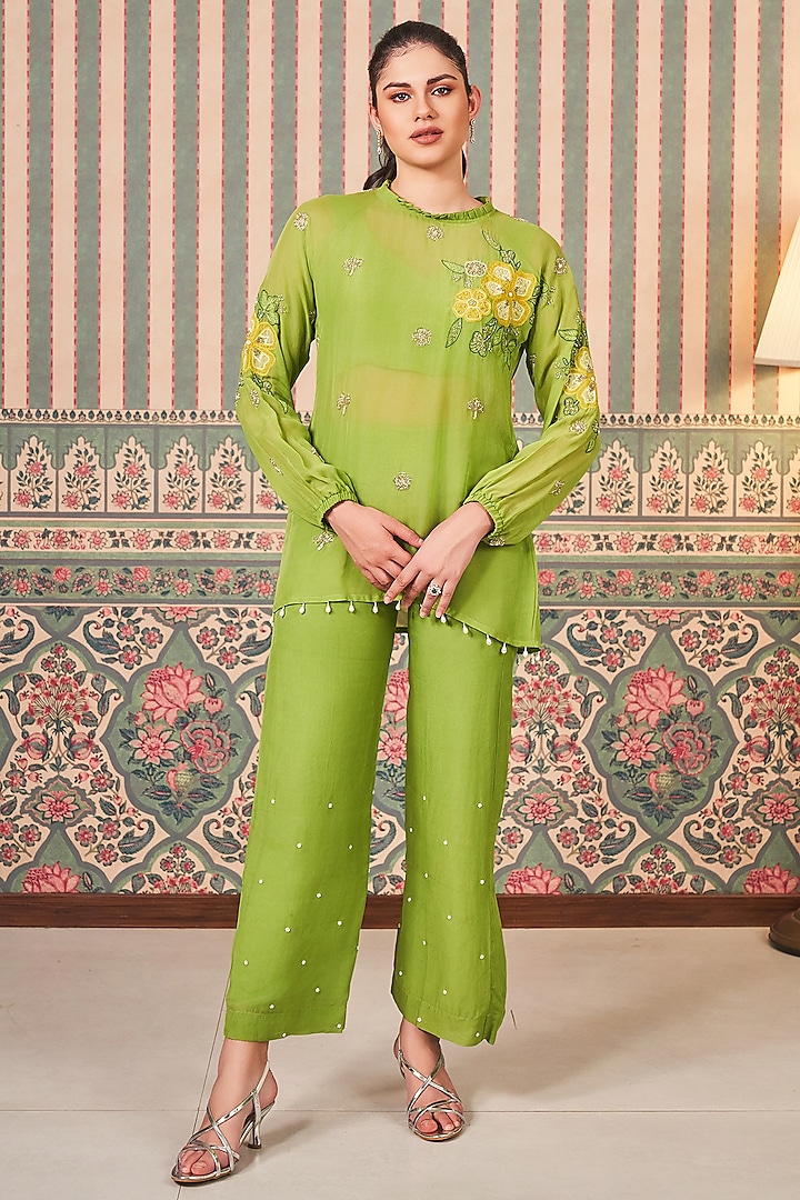 Green Georgette Organza Hand Embroidered Co-Ord Set by Sammohi By Moksha & Hiral at Pernia's Pop Up Shop