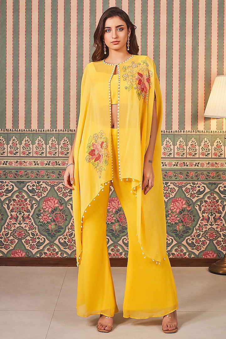 Yellow Georgette Organza Hand Embroidered Cape Set by Sammohi By Moksha & Hiral at Pernia's Pop Up Shop