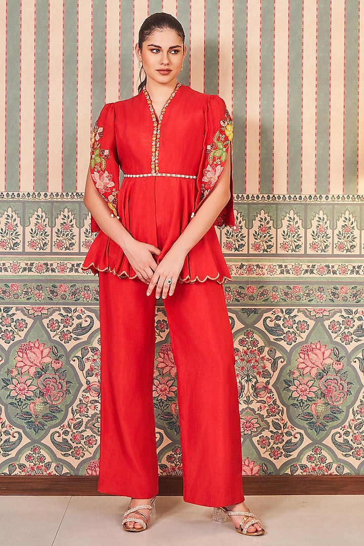 Red Dupion Silk Hand Embroidered Co-Ord Set by Sammohi By Moksha & Hiral at Pernia's Pop Up Shop