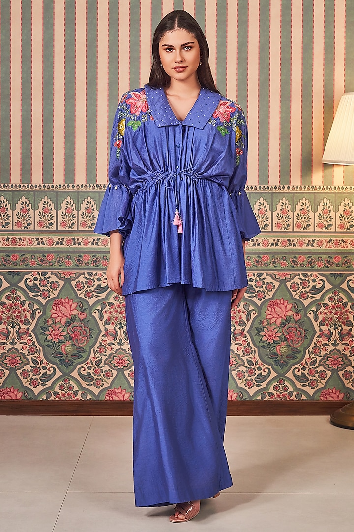 Blue Chanderi Silk Hand Embroidered Co-Ord Set by Sammohi By Moksha & Hiral at Pernia's Pop Up Shop