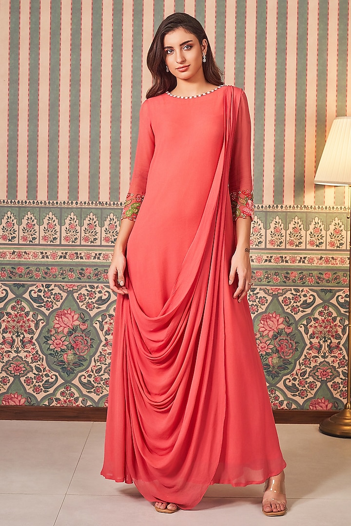 Coral Georgette Hand Embellished Draped Maxi Dress by Sammohi By Moksha & Hiral at Pernia's Pop Up Shop