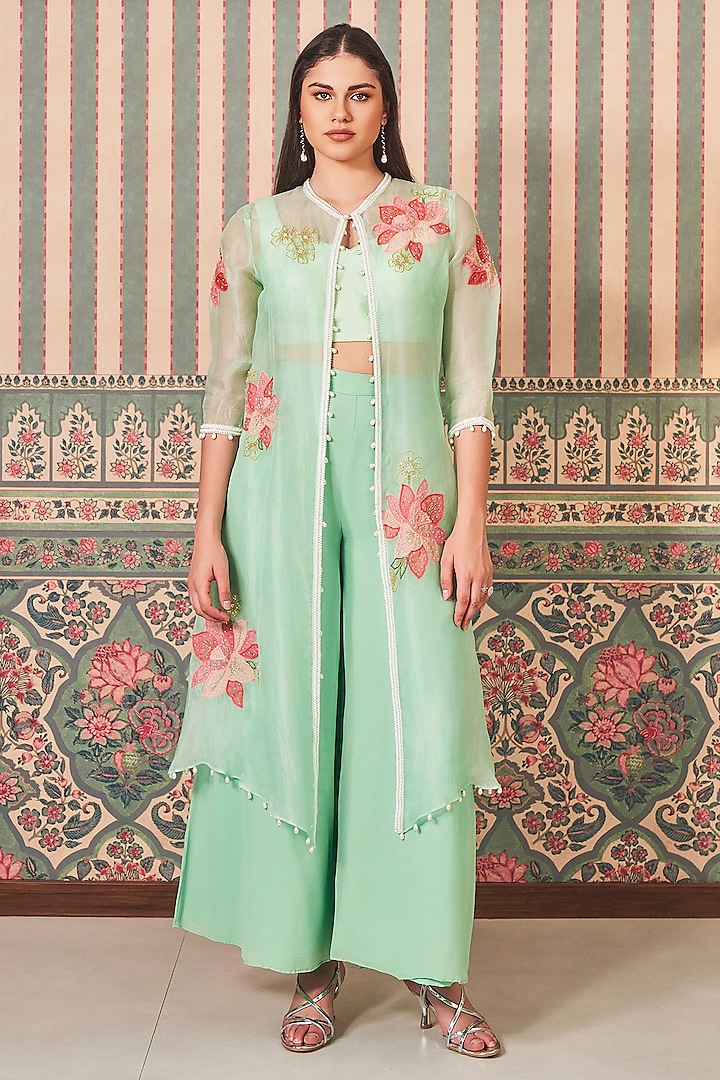 Mint Blue Georgette Organza Hand Embellished Jacket Set by Sammohi By Moksha & Hiral at Pernia's Pop Up Shop