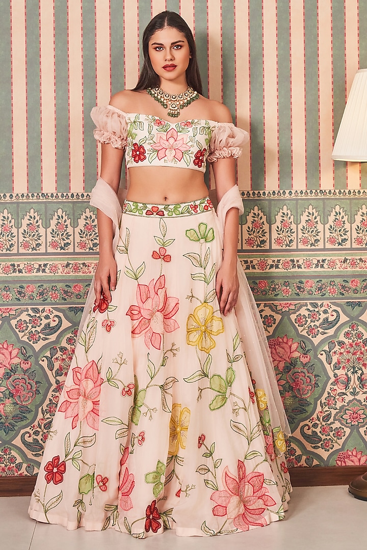 Blush Pink Georgette Organza Hand Embroidered Wedding Lehenga Set by Sammohi By Moksha & Hiral at Pernia's Pop Up Shop