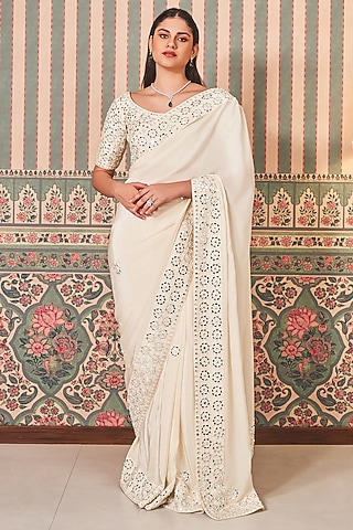 White Crepe Silk Mirror Embellished Saree Set by Sammohi By Moksha & Hiral