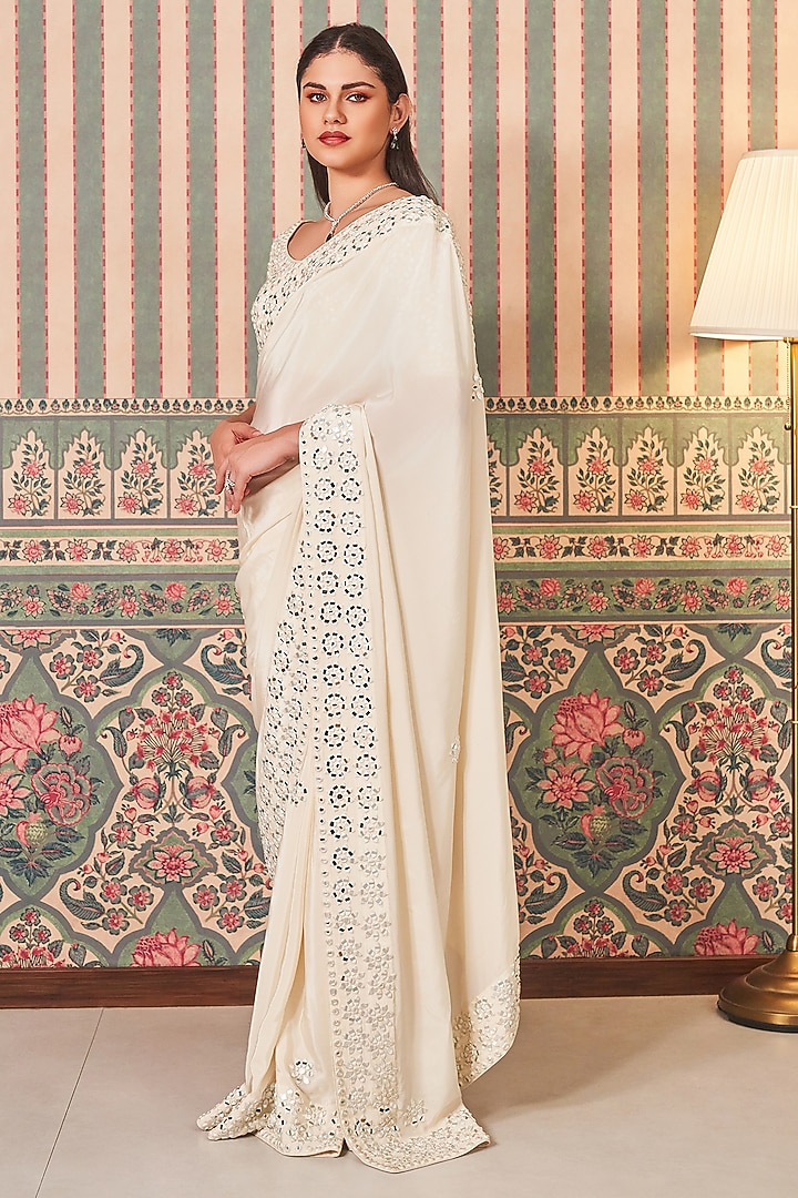 White Crepe Silk Mirror Embellished Party Wear Saree Set by Sammohi By Moksha & Hiral at Pernia's Pop Up Shop