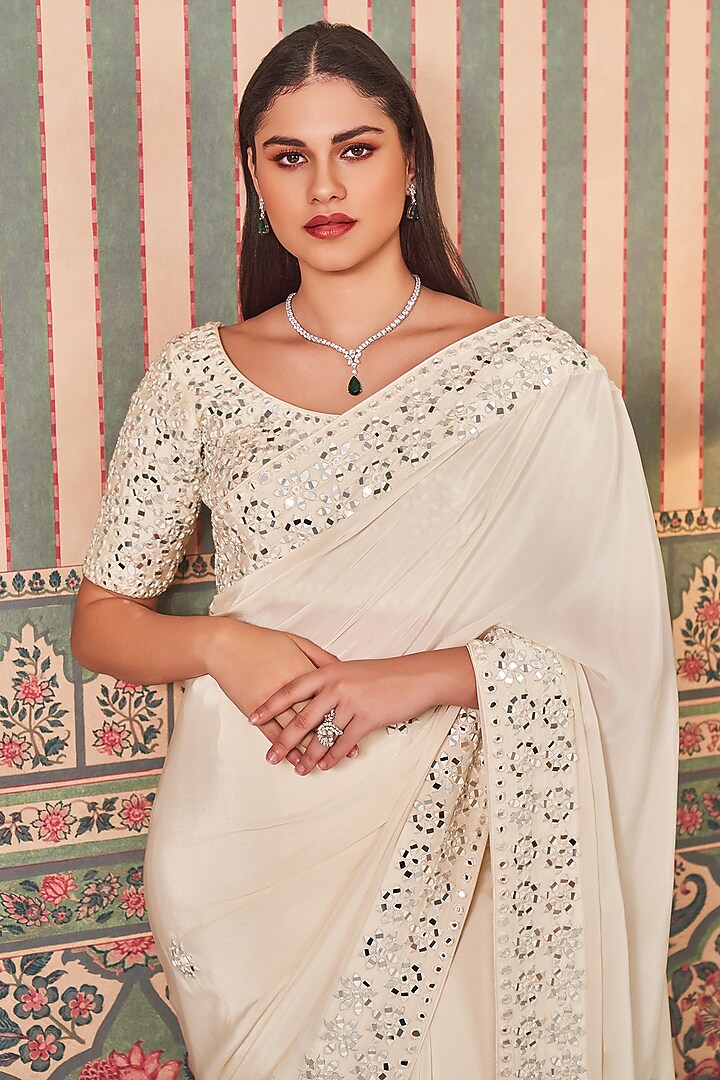 White Crepe Silk Mirror Embellished Party Wear Saree Set by Sammohi By Moksha & Hiral at Pernia's Pop Up Shop