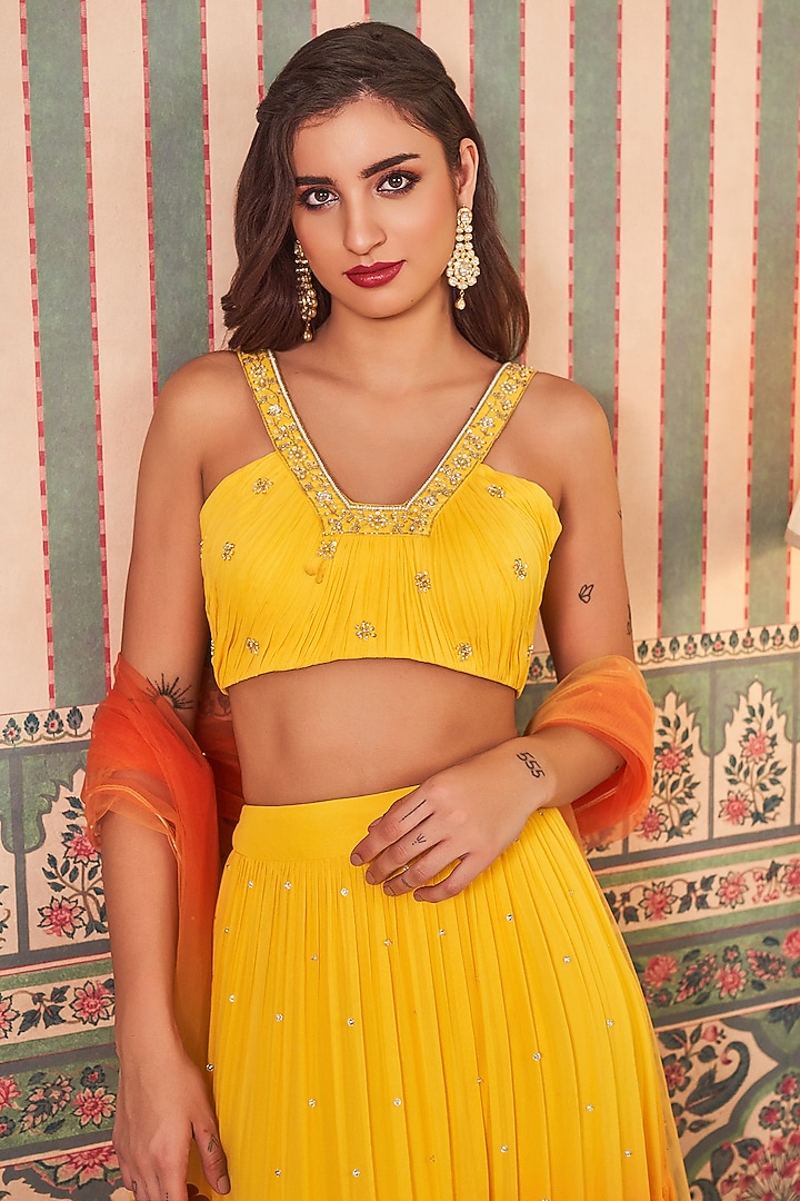 Yellow & Orange Georgette Lehenga Set by Sammohi By Moksha & Hiral at Pernia's Pop Up Shop