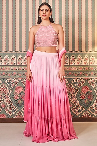 Pink Georgette Lehenga Set by Sammohi By Moksha & Hiral
