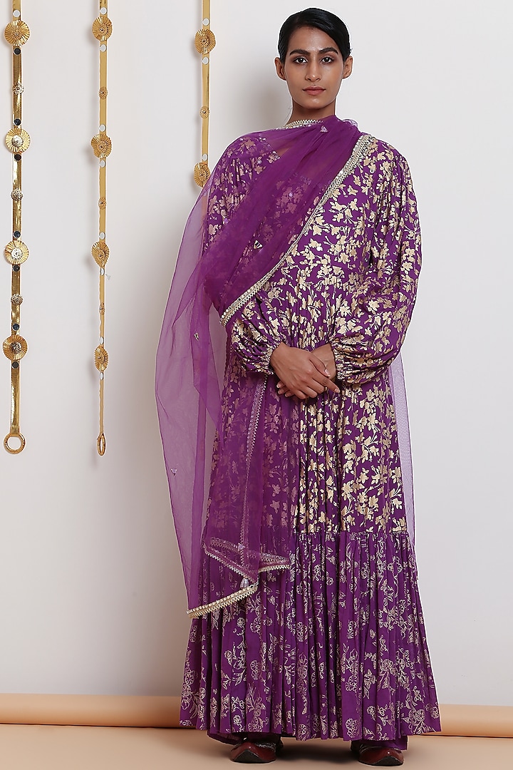 Purple Embroidered & Printed Kurta Set by Seema Nanda