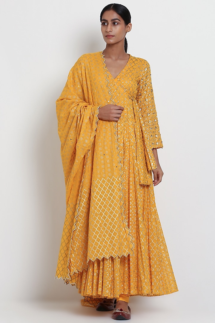 Yellow Embroidered Angrakha Kurta Set by Seema Nanda