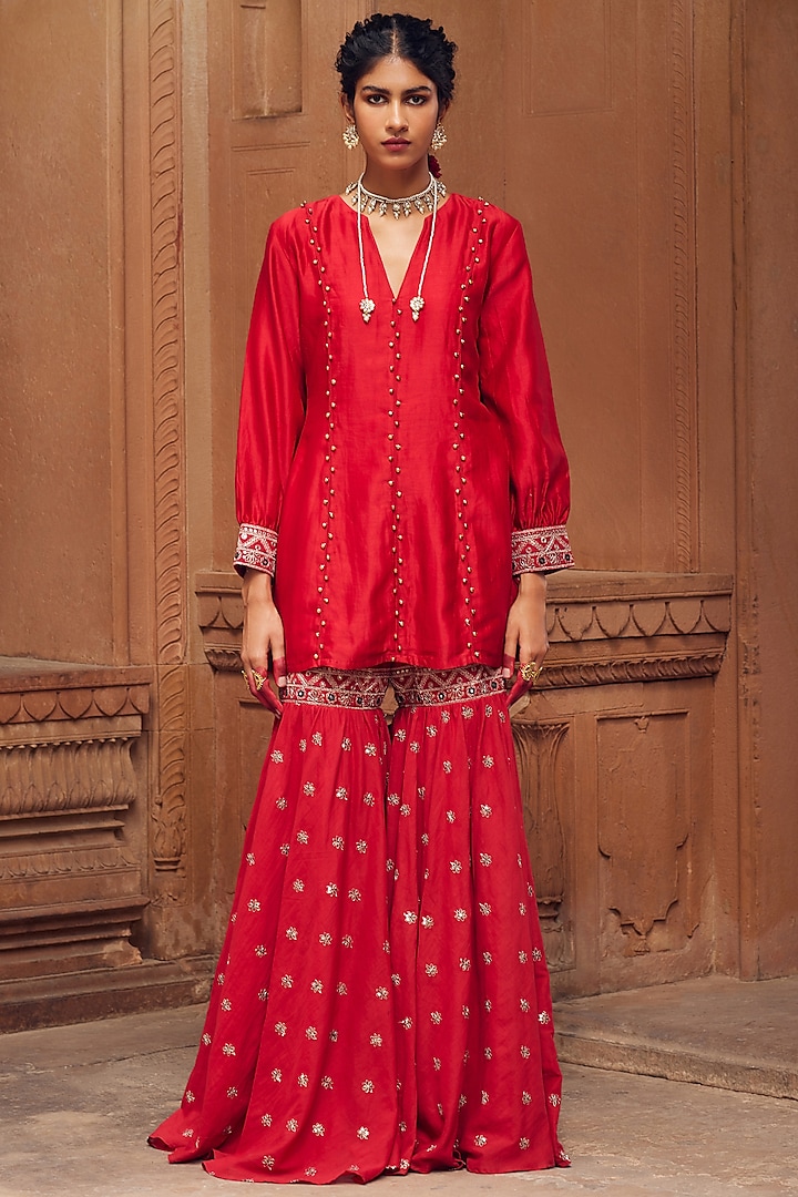Red Chanderi Silk Embroidered Party Wear Sharara Set by Seema Nanda at Pernia's Pop Up Shop