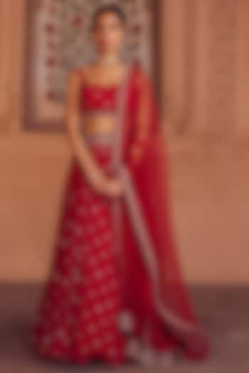 Red Tulle Embroidered Wedding Lehenga Set by Seema Nanda at Pernia's Pop Up Shop