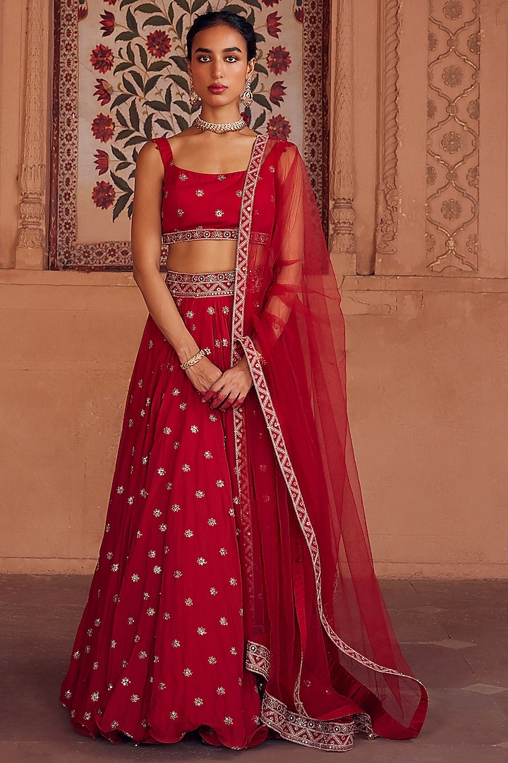 Red Tulle Embroidered Wedding Lehenga Set by Seema Nanda at Pernia's Pop Up Shop