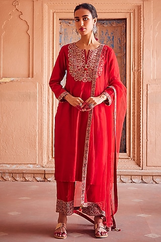 Red Chanderi Silk Embroidered Kurta Set by Seema Nanda