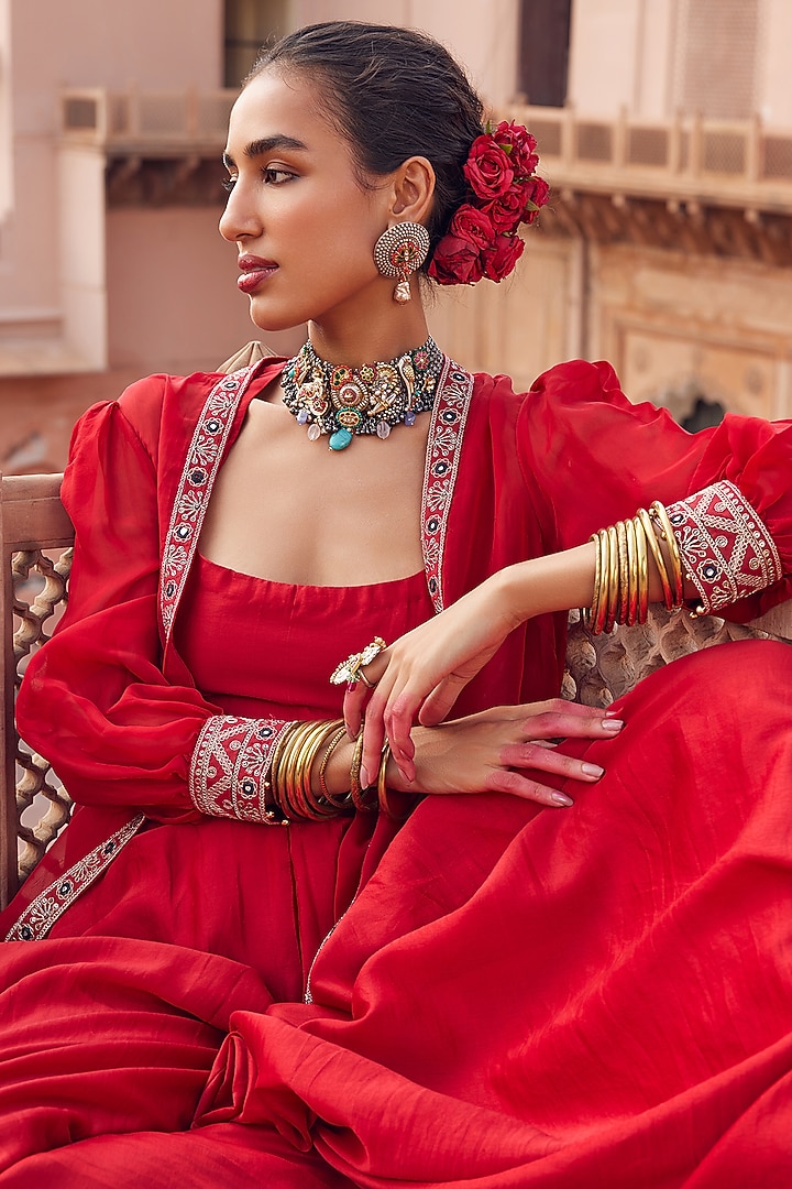 Red Silk Organza & Chanderi Silk Co-Ord Set by Seema Nanda at Pernia's Pop Up Shop