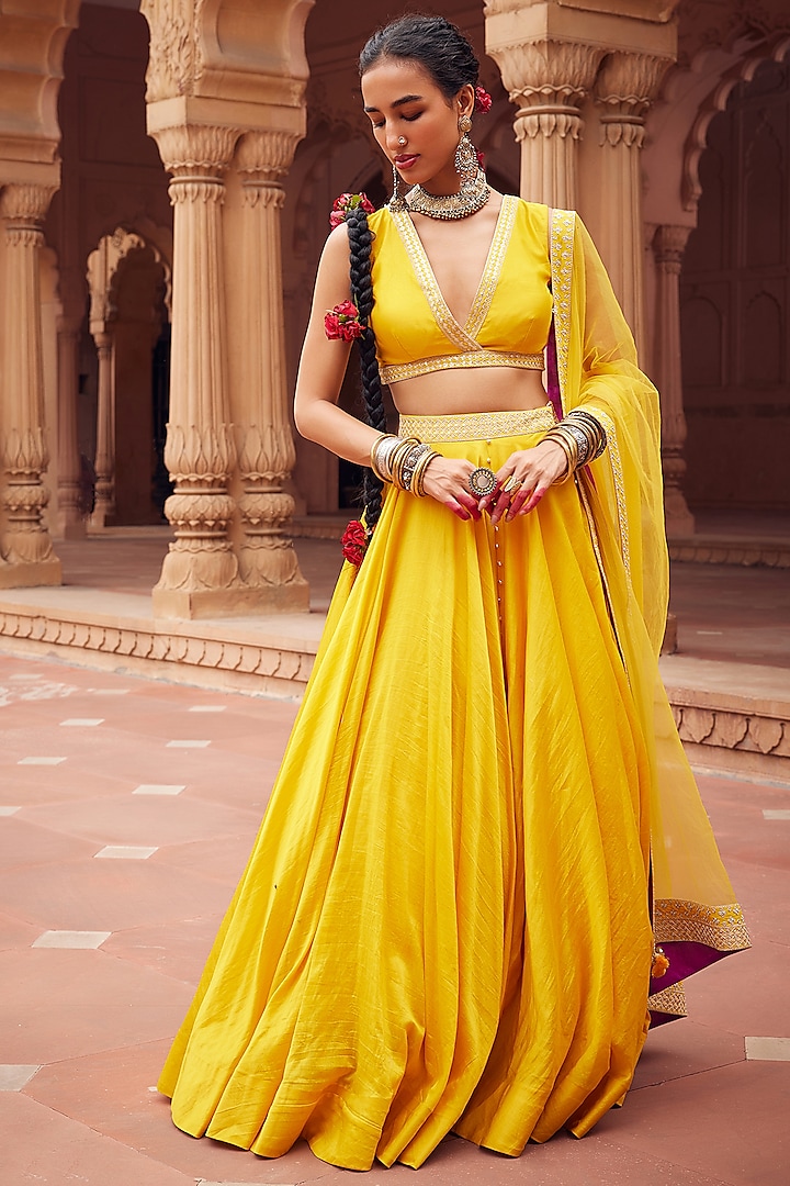 Yellow Chanderi Silk Embellished Lehenga Set by Seema Nanda
