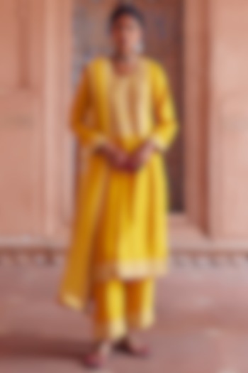 Yellow Chanderi Silk Embroidered Kurta Set by Seema Nanda