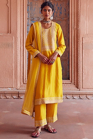 Yellow Chanderi Silk Embroidered Kurta Set by Seema Nanda