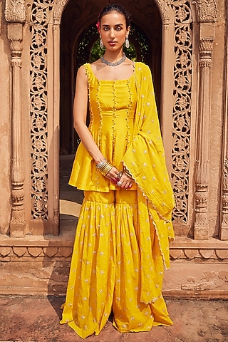 Yellow Cotton Mul Embroidered Sharara Set by Seema Nanda