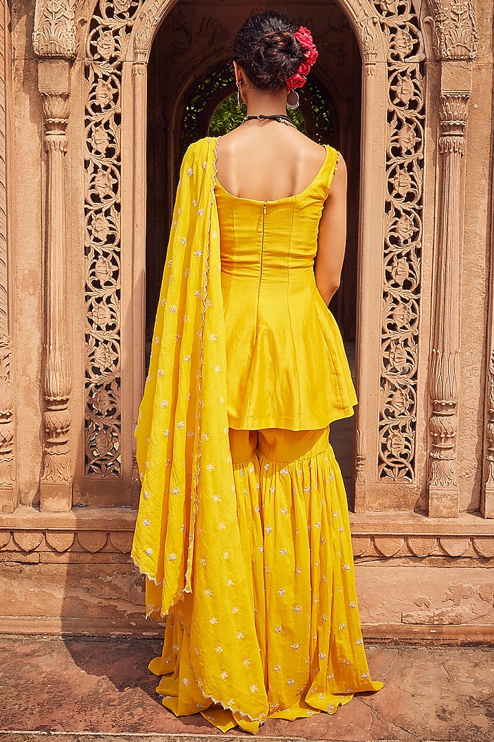 Yellow Cotton Mul Embroidered Party Wear Sharara Set by Seema Nanda at Pernia's Pop Up Shop
