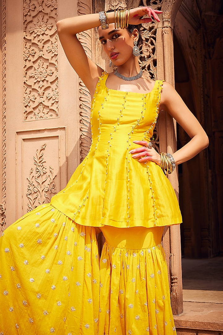 Yellow Cotton Mul Embroidered Party Wear Sharara Set by Seema Nanda at Pernia's Pop Up Shop