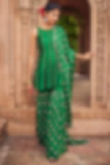 Green Cotton Mul Embroidered Sharara Set by Seema Nanda
