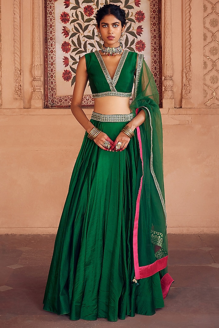 Green Chanderi Silk Embroidered Lehenga Set by Seema Nanda