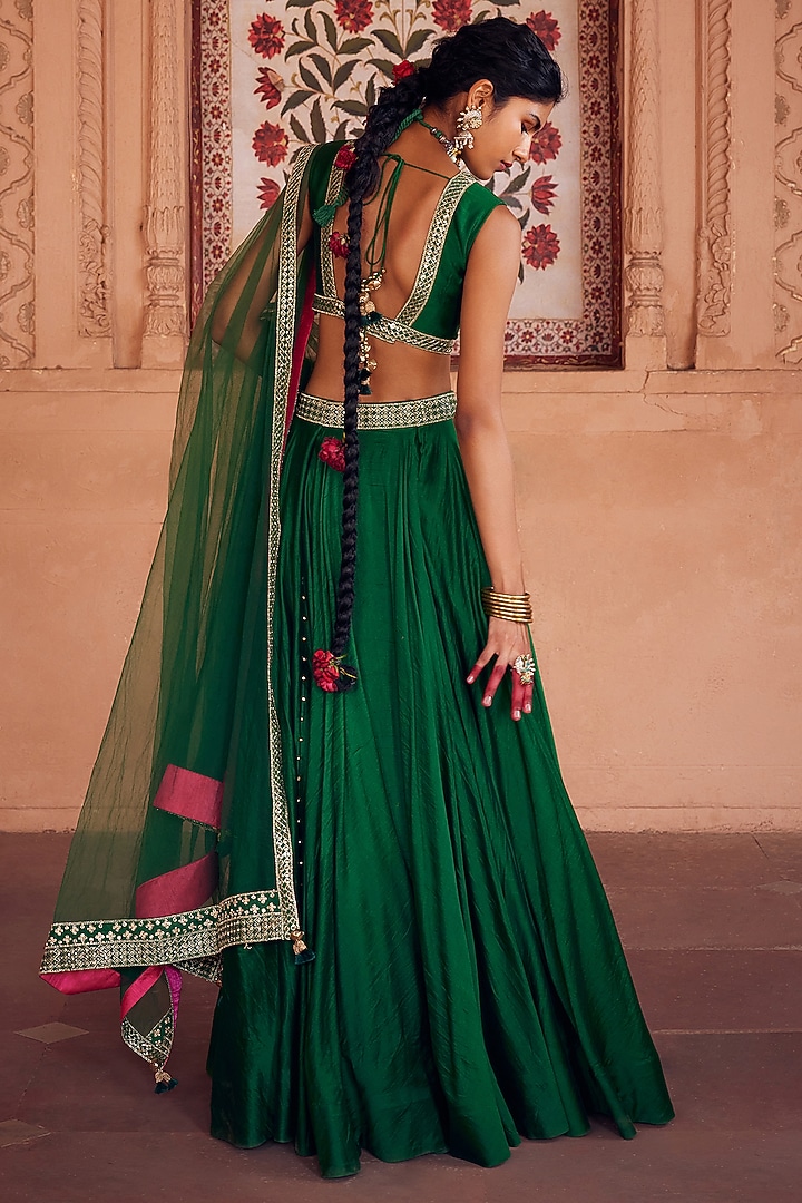 Green Chanderi Silk Embroidered Wedding Lehenga Set by Seema Nanda at Pernia's Pop Up Shop