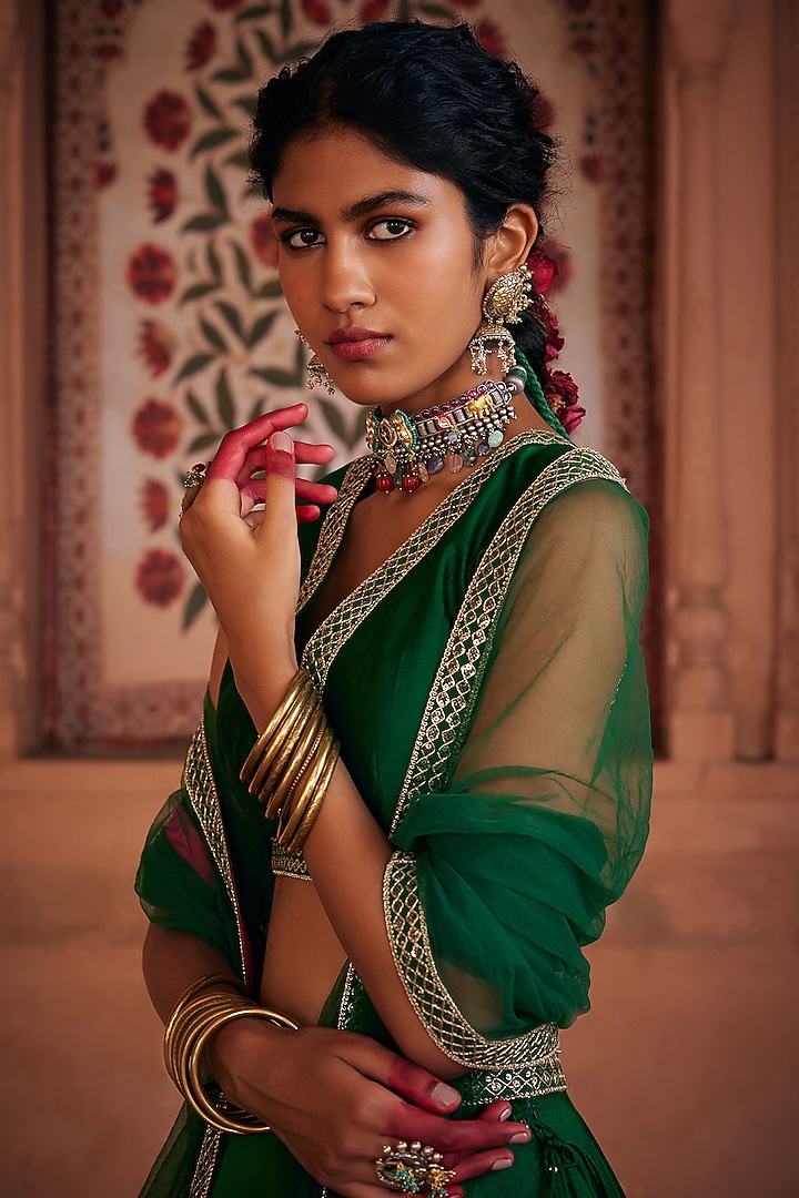 Green Chanderi Silk Embroidered Wedding Lehenga Set by Seema Nanda at Pernia's Pop Up Shop