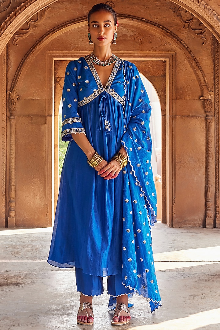 Electric Blue Chanderi Silk Embroidered Kurta Set by Seema Nanda