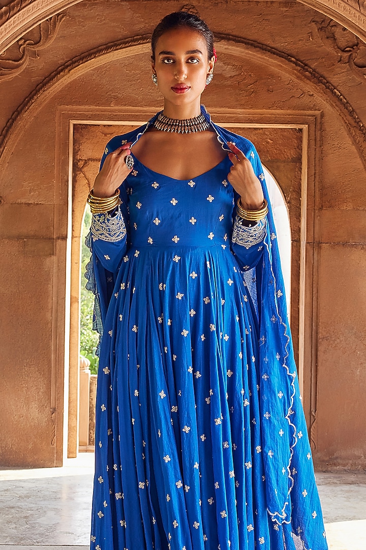 Electric Blue Cotton Mul Embroidered Kurta Set by Seema Nanda at Pernia's Pop Up Shop