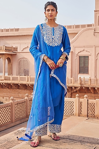 Electric Blue Chanderi Silk Embroidered Kurta Set by Seema Nanda