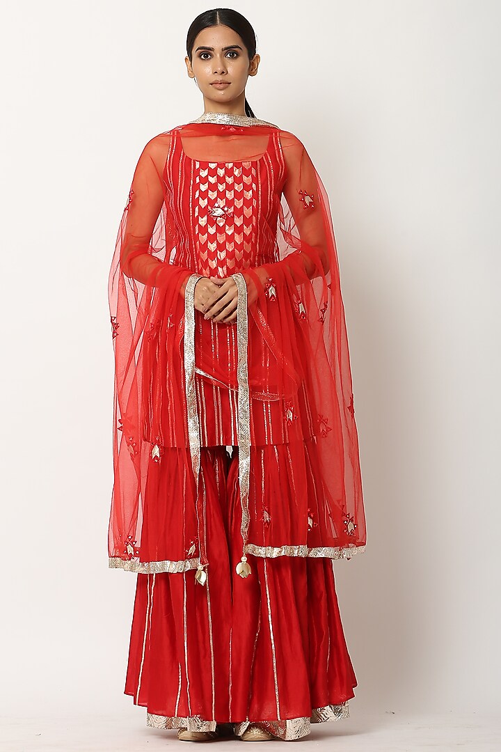 Red Chanderi Silk Sharara Set by Seema Nanda