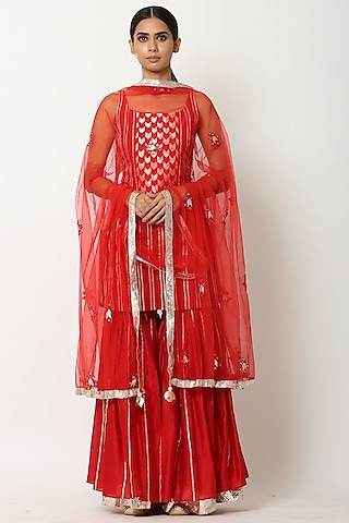 Red Chanderi Silk Sharara Set by Seema Nanda