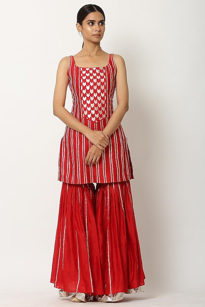 Red Chanderi Silk Party Wear Sharara Set by Seema Nanda at Pernia's Pop Up Shop