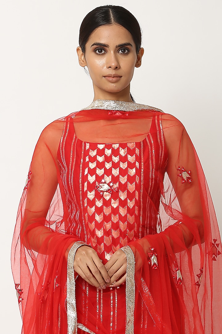 Red Chanderi Silk Party Wear Sharara Set by Seema Nanda at Pernia's Pop Up Shop