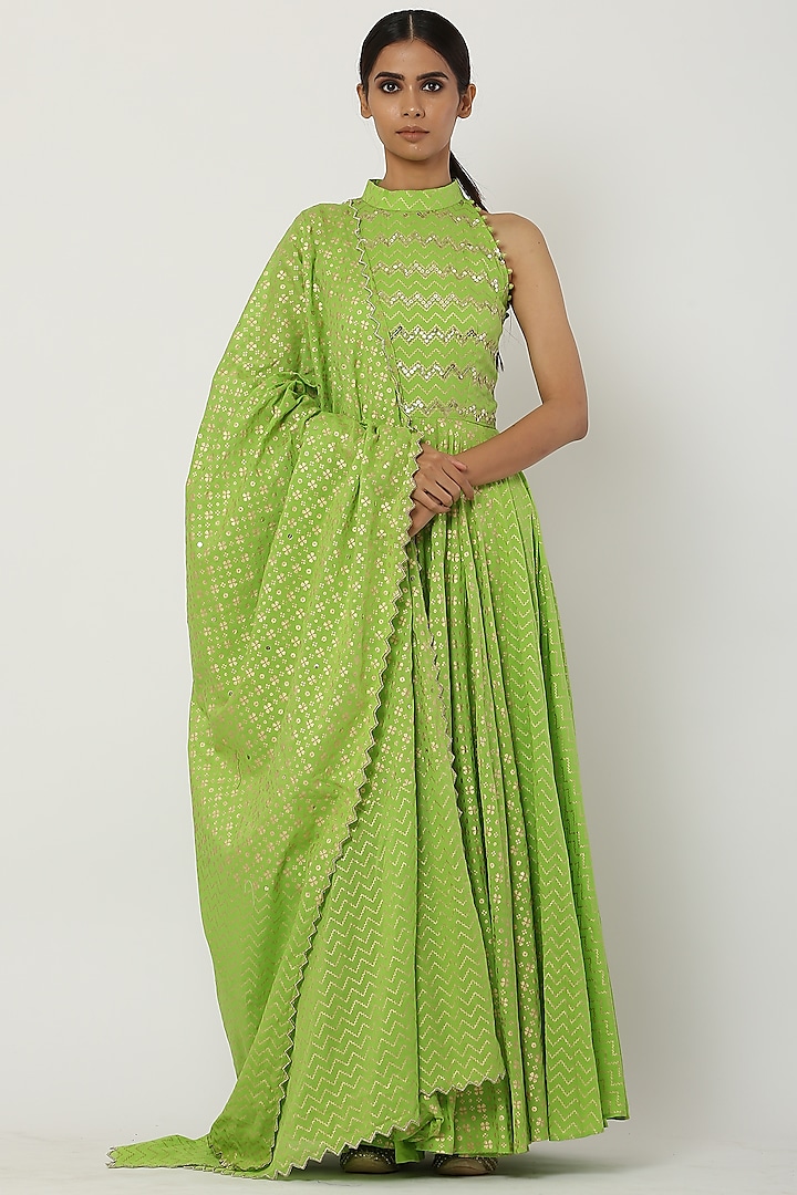 Bright Green Kalidar Anarkali Set by Seema Nanda