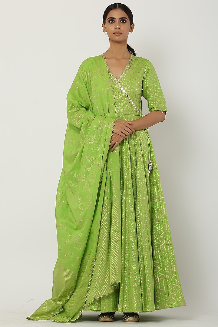 Bright Green Overlapped Kalidar Anarkali Set by Seema Nanda at Pernia's Pop Up Shop