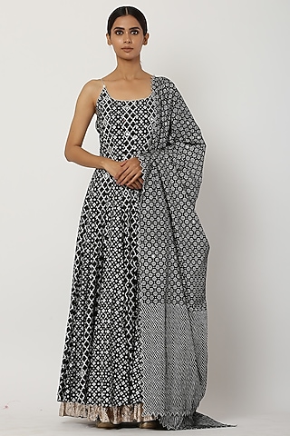 Black Paneled Kalidar Anarkali Set by Seema Nanda
