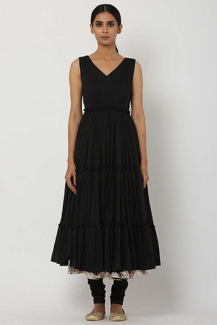 Black Tiered Kalidar Party Wear Anarkali Set  by Seema Nanda at Pernia's Pop Up Shop