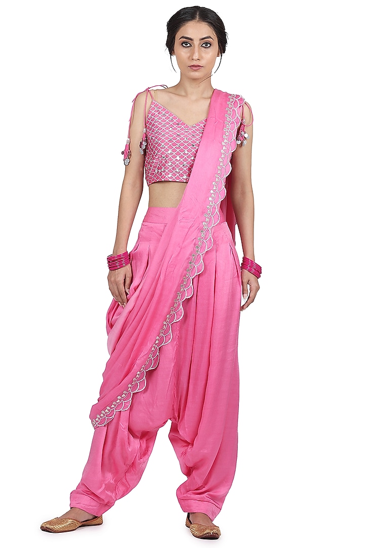 Pink Embroidered Pant Saree Set by Seema Nanda