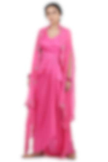 Pink Satin Dress With Cape by Seema Nanda at Pernia's Pop Up Shop