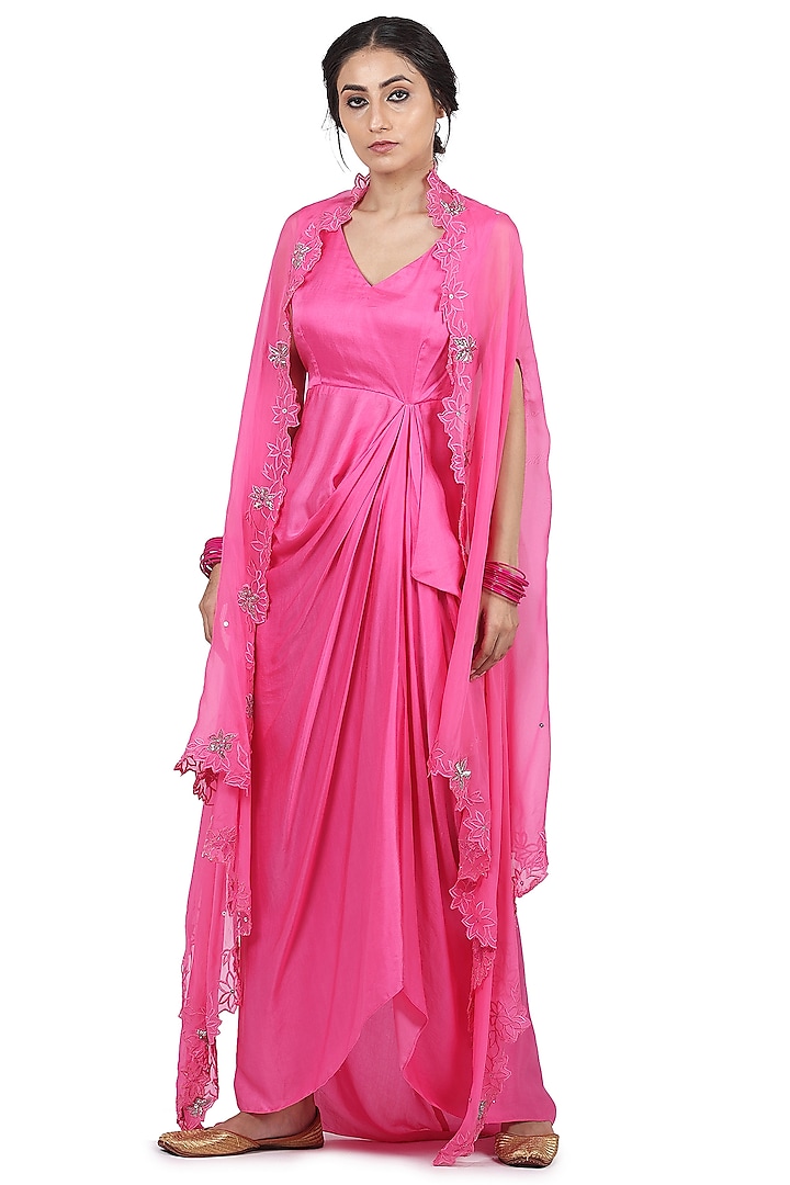Pink Satin Dress With Cape by Seema Nanda