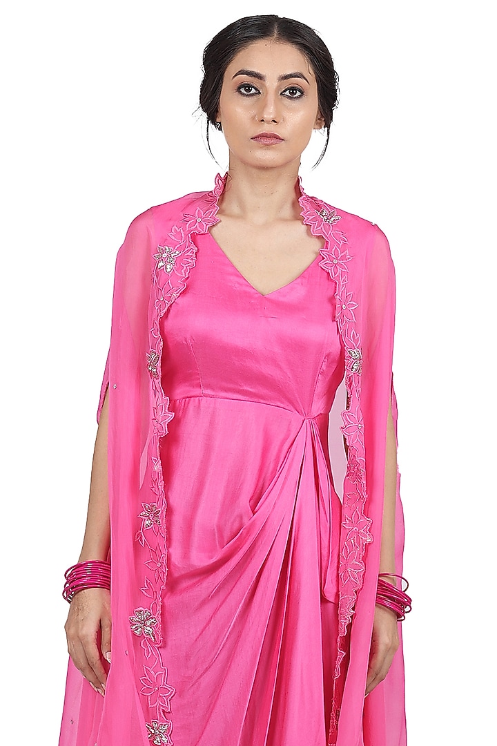 Pink Satin Vacation Dress With Cape by Seema Nanda at Pernia's Pop Up Shop